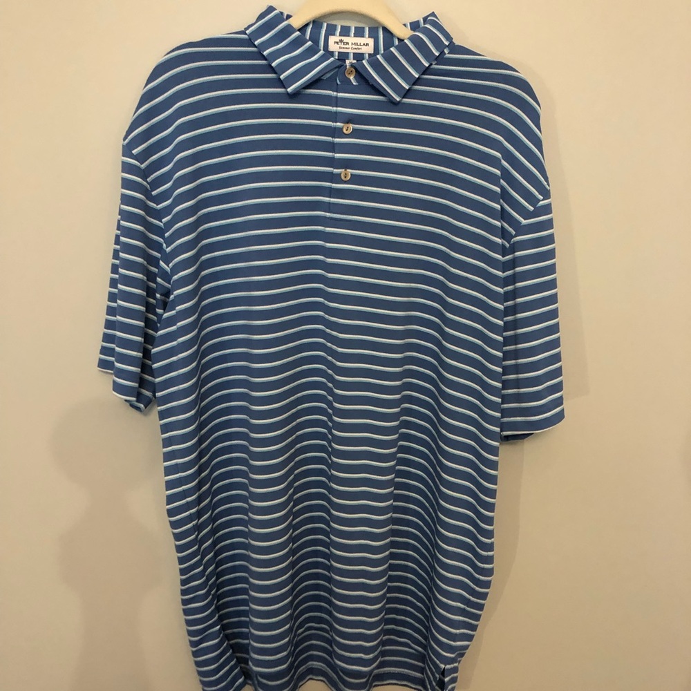 Men’s Peter Millar Summer Collection Golf Polo Size XL Blue/White Striped EUC
